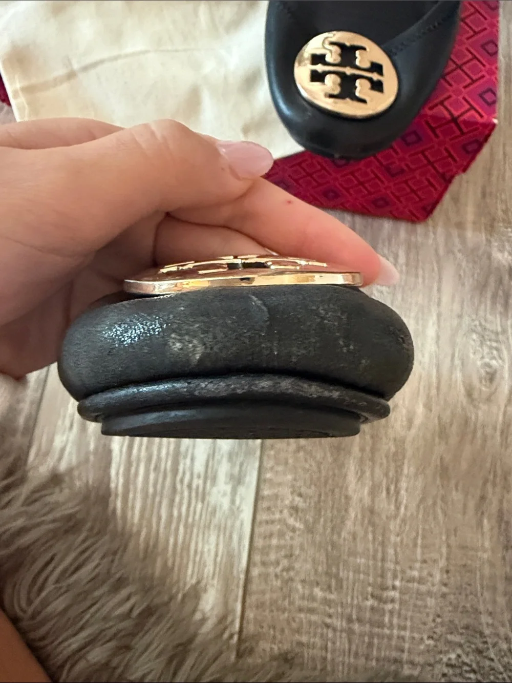 Tory Burch Black Leather Logo Ballet Flats with Gold Medallion